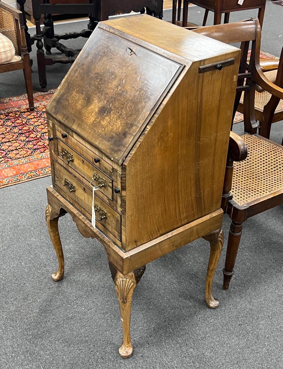 A small Queen Anne revival walnut and simulated walnut bureau, width 49cm, depth 43cm, height 101cm